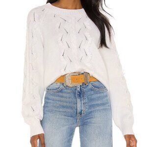 Rails Francis Pointelle Fringed Cable Knit Lambswool Cashmere Sweater in Ivory S